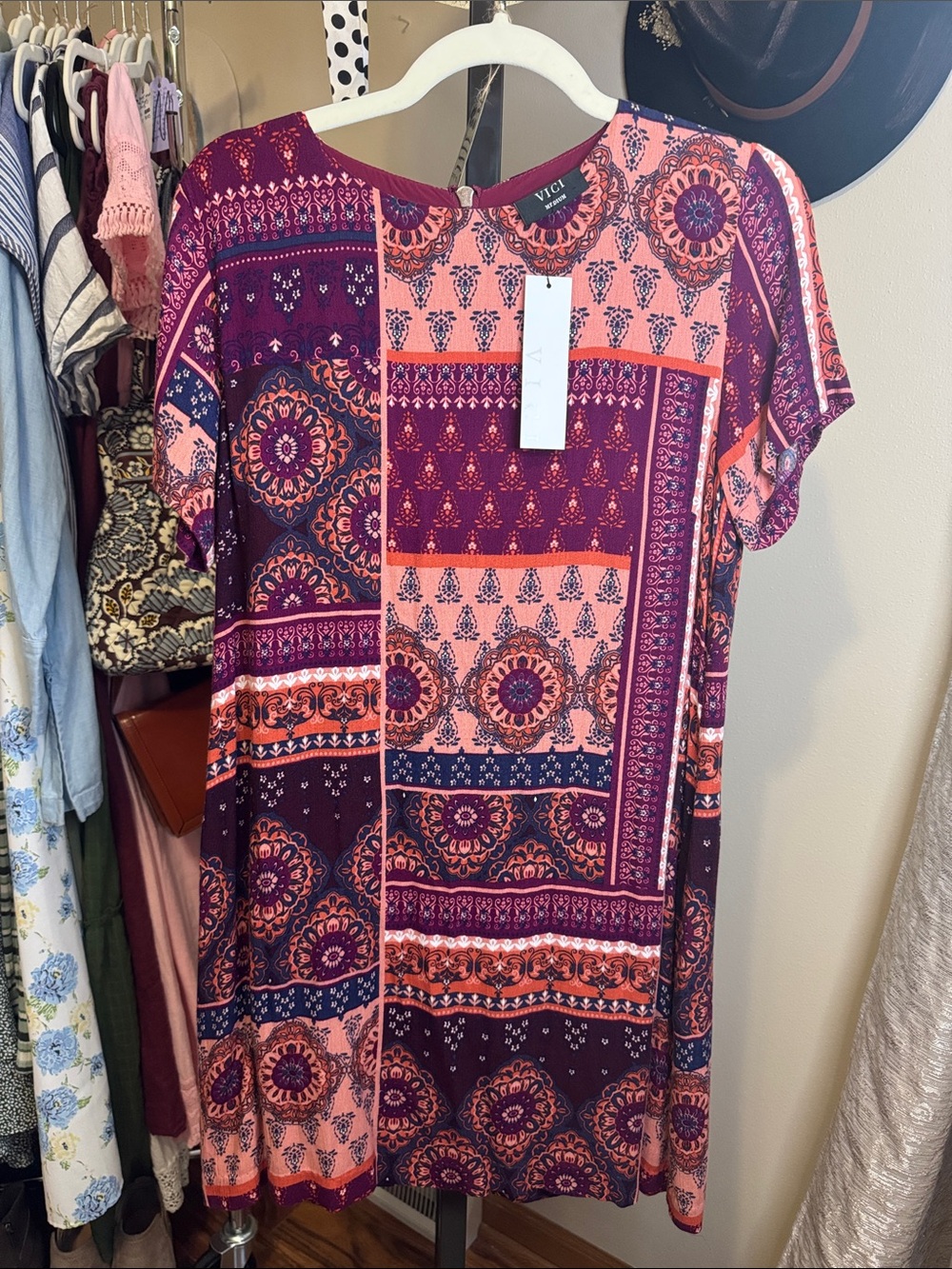 Vici Pink and Burgundy Patchwork-Print Shift Dress